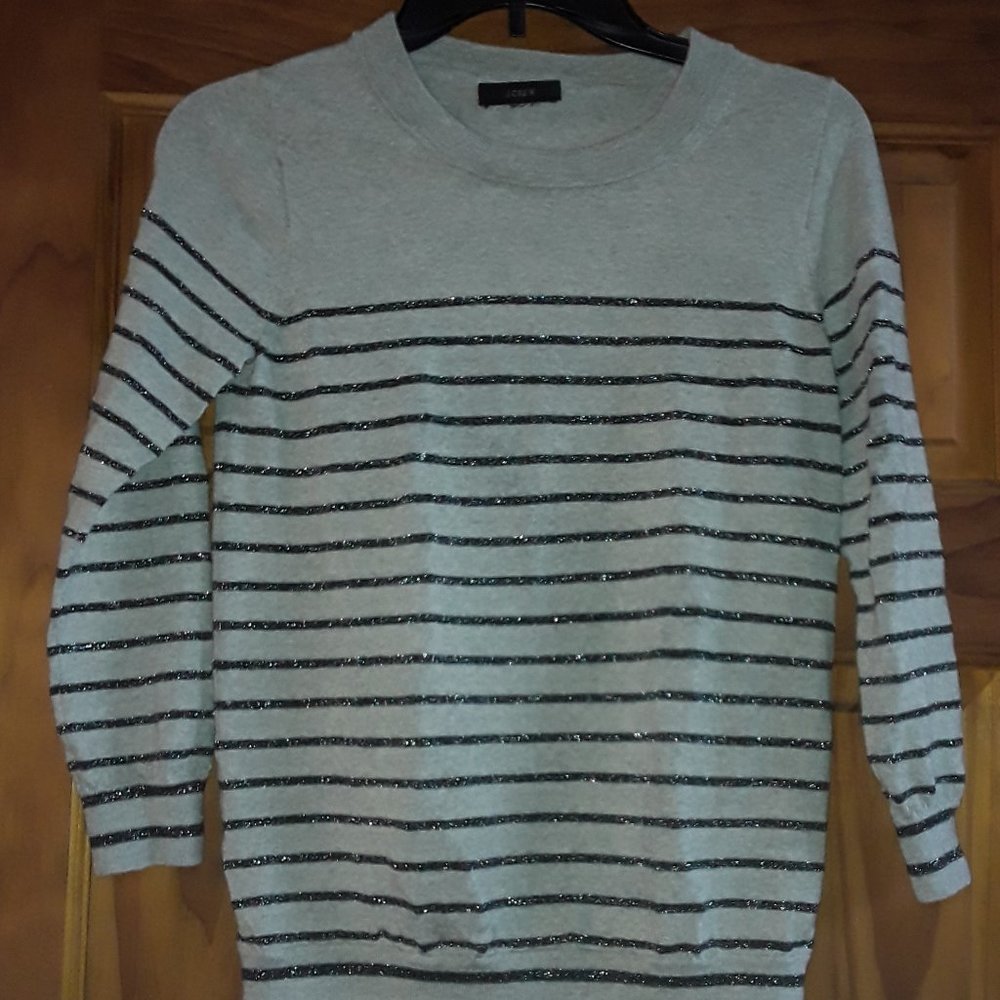 J.Crew SZ SM Light Gray Black Sparkle Stripe Crew Neck Merino Wool Sweater